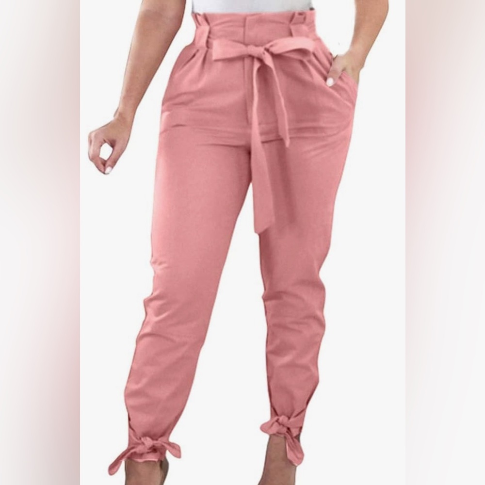 Women Solid Casual Trousers High Waist Ruffle Bow Tie Pants